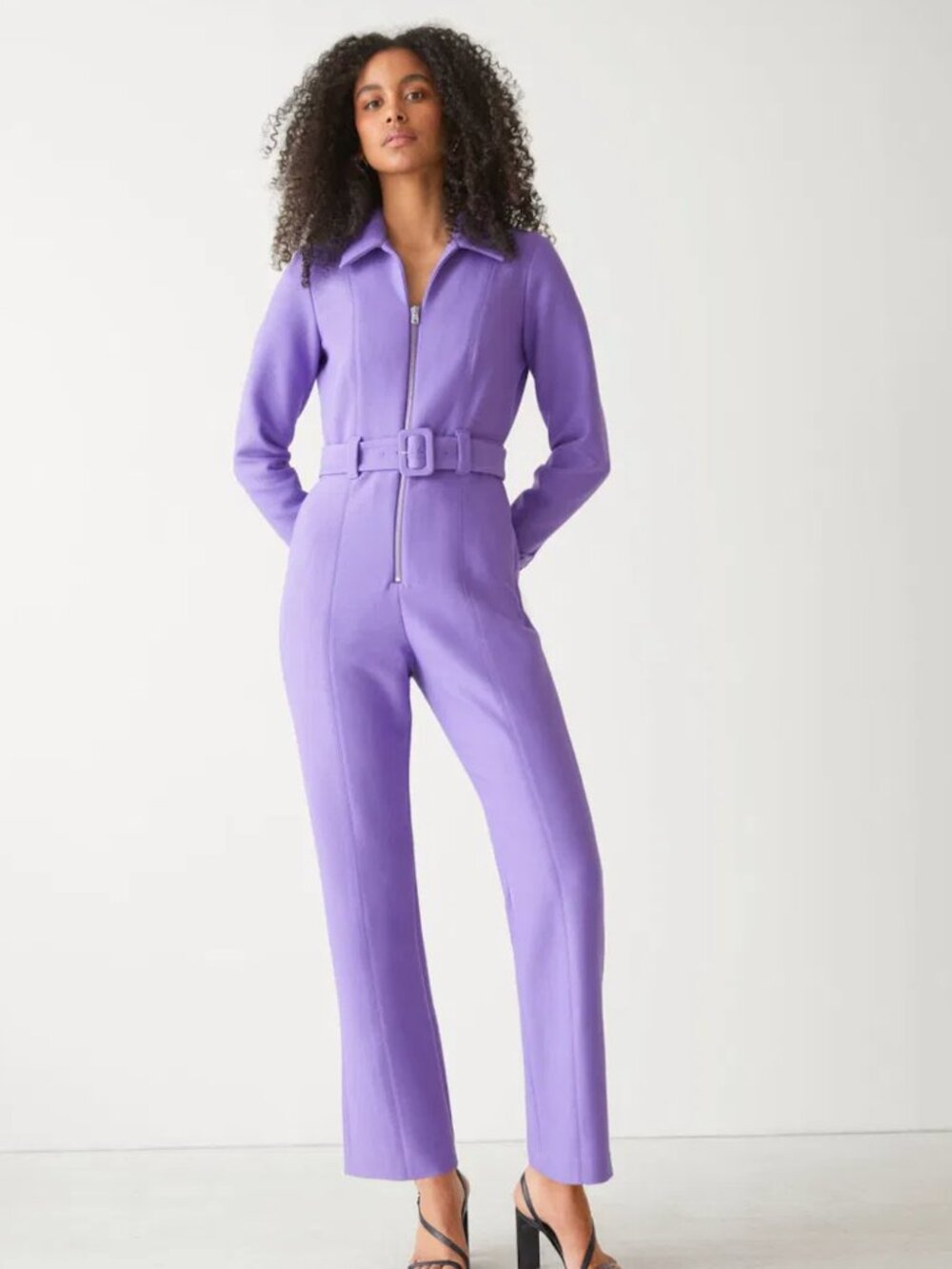 & Other Stories Belted Collared Lilac Purple Flared Jumpsuit Sz 2/XS